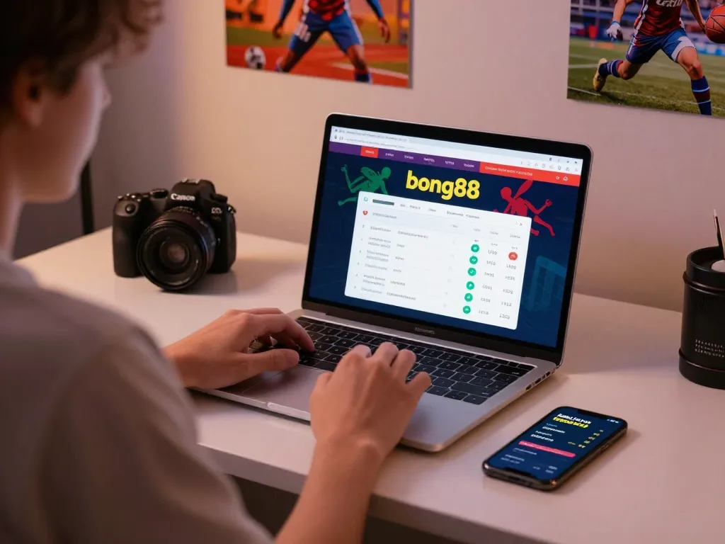 bong88 player engaging in live sports betting on a laptop at home.