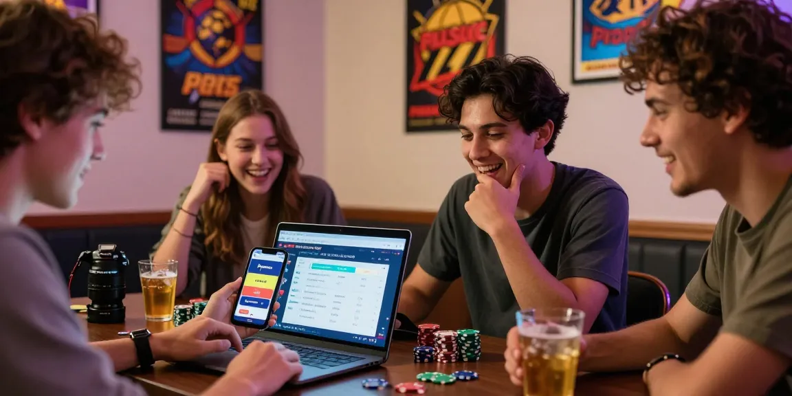 Freunde genießen einen aufregenden Abend im Paysafe Card Casino und diskutieren begeistert über Gewinne, während sie die Paysafecard-App nutzen.
