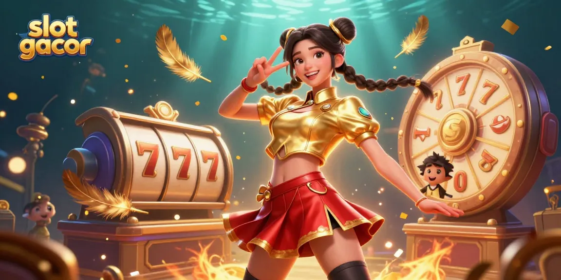 Experience slot gacor in a vibrant 3D casino scene with spinning reels and confetti.
