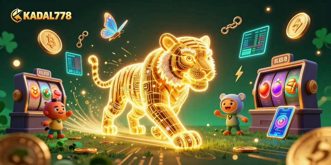 KADAL778 showcases an exciting casino scene with a golden tiger and slot elements amid neon visuals.