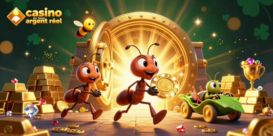 Les insectes du casino en ligne argent réel s'échappent avec un jeton doré dans un tunnel lumineux.