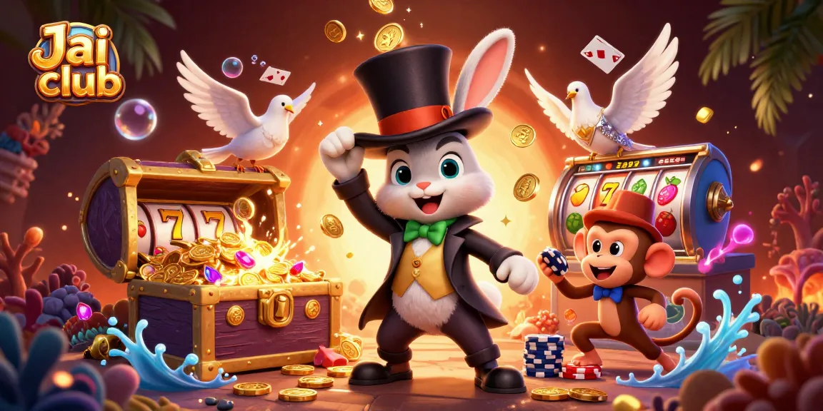 Spin to win with Jai club as a magician rabbit conjures golden coins and poker chips.