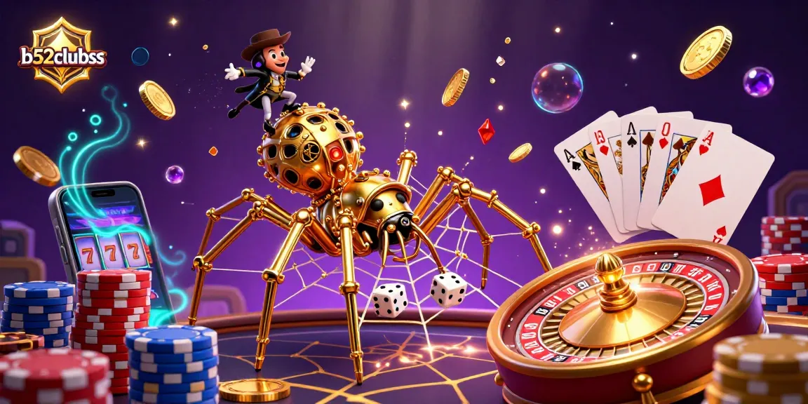 Engage with the exciting b52clubss casino scene featuring a golden steampunk spider and sparkling treasures.