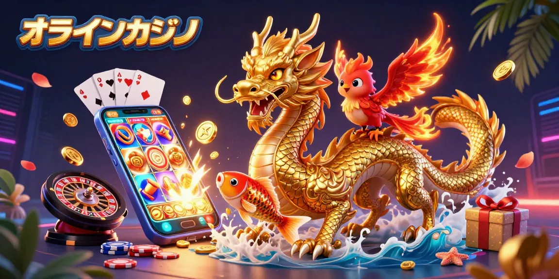 オンラインカジノの世界で勝利を狙う煌めくドラゴンと競演する黄金の鯉の姿。