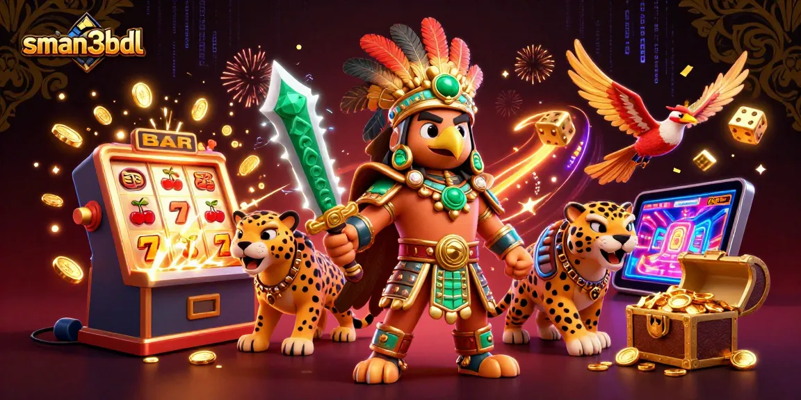 Gambaran karakter sman3bdl menggambarkan perang suku Aztec dan macan, menyambut jackpot kasino.