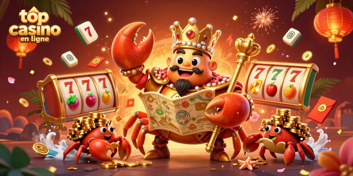 Jouez au top casino en ligne avec une illustration colorée de crabes et de symboles de jackpot.