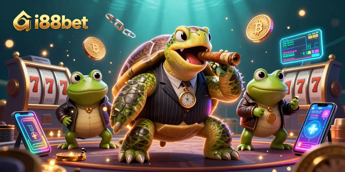 Experience the excitement of ai88bet with this 3D casino scene featuring a turtle mobster and bullfrog enforcers.