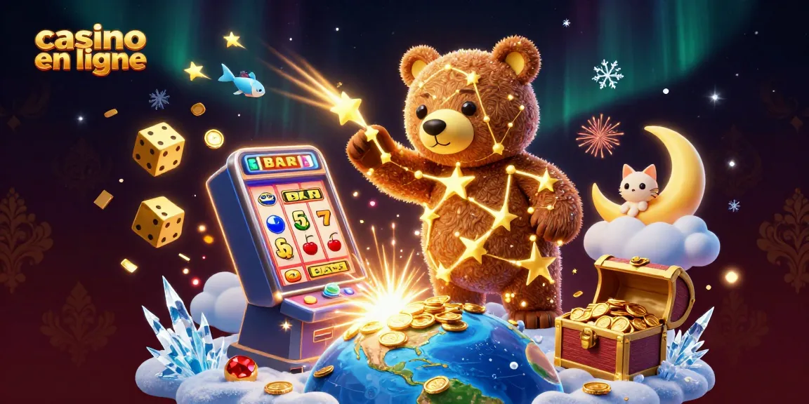 Casino en ligne : illustration colorée de l'ours constellation et des éléments de jeux d'argent en 3D