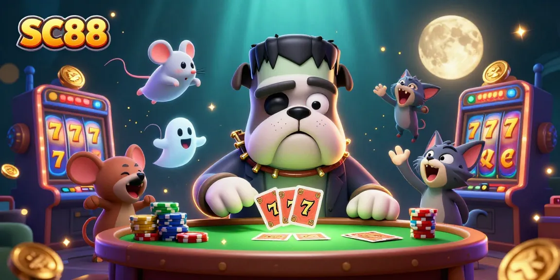SC88 dog monster deals cards at a spooky casino table surrounded by slot machines.
