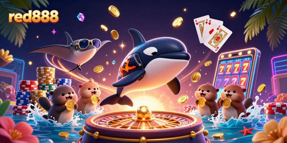 Experience exciting wins with red888 at an animated casino scene featuring vibrant characters and games.