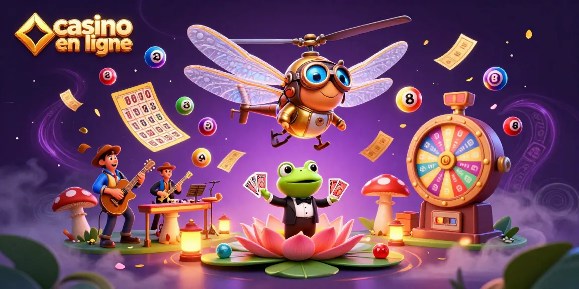 Jouez au casino en ligne avec des éléments de jeu captivants autour d'un libellule et d'un croupier.