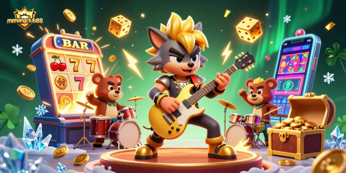 Experience the excitement of menangclub88 with a dynamic casino scene featuring a thrilling rock star wolf and vibrant game elements.