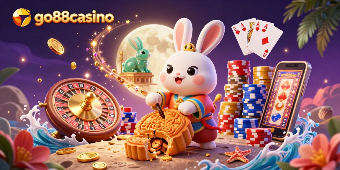 Engage in thrilling gaming adventures with go88casino's vibrant 3D scene showcasing festive moon rabbits and casino elements.