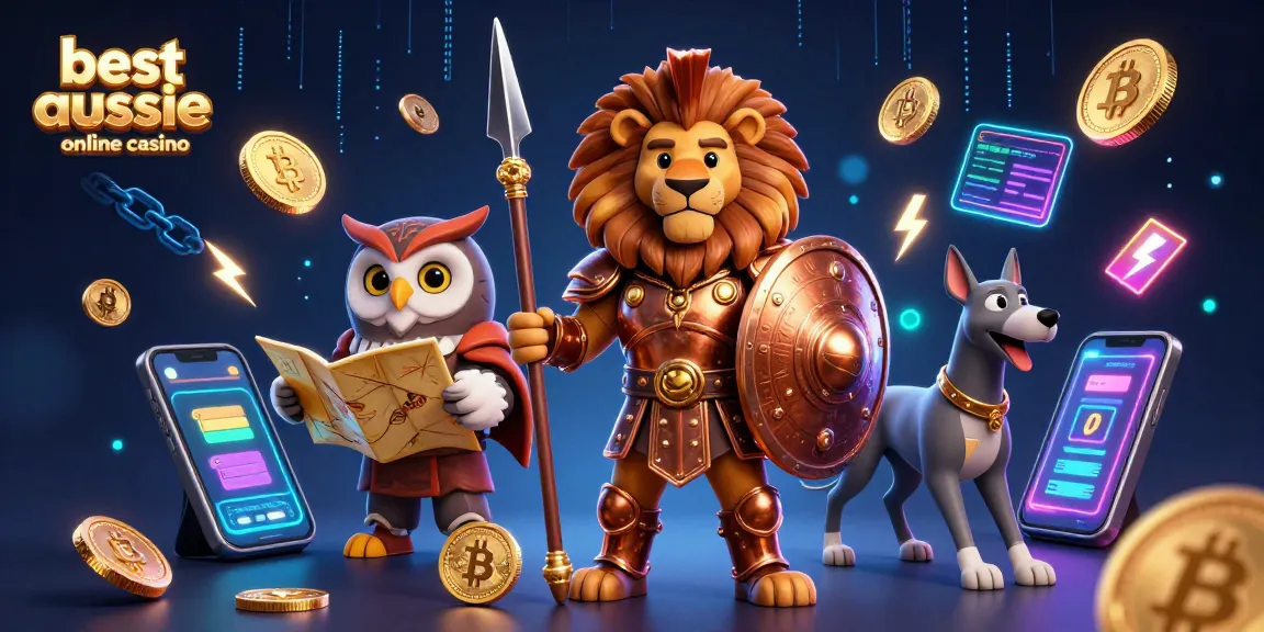 Explore the dynamic 3D scene of the best Aussie online casino featuring heroic characters amidst glowing crypto elements.