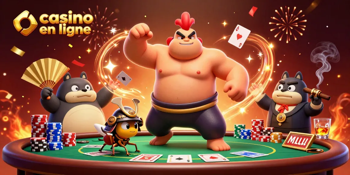 Casino en ligne : illustration d'un combat de poker épique avec un sumo, un crickete et un tanuki.