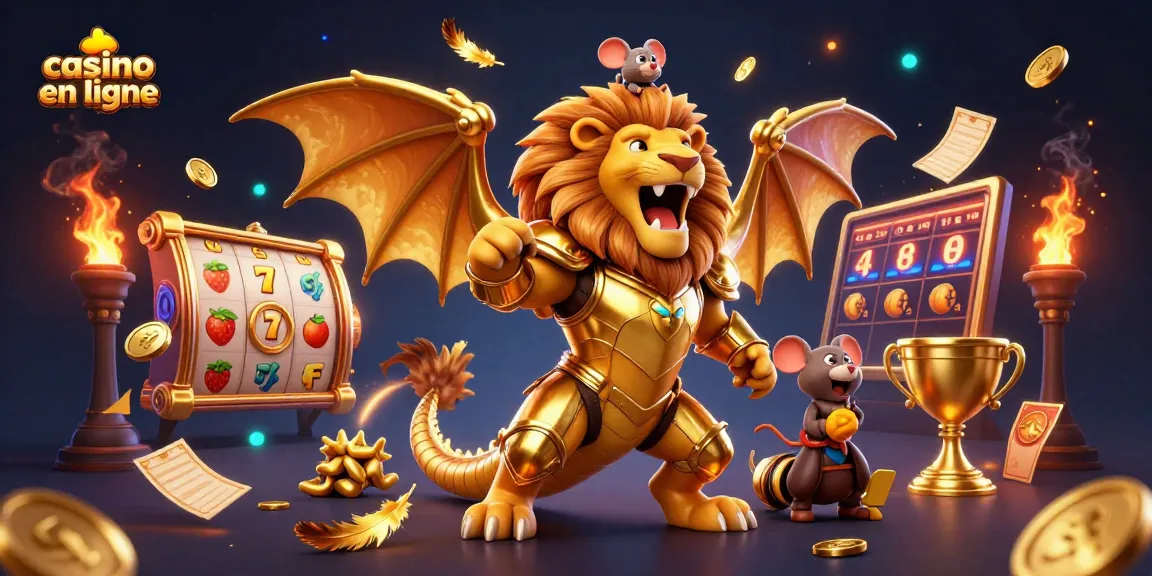 Visualisez une scène captivante de casino en ligne avec une chimère dorée et des éléments de machines à sous animés.