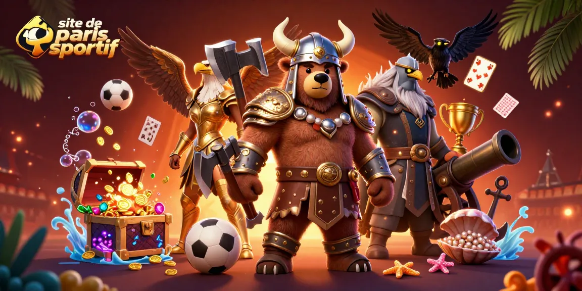 Image illustrant le site de paris sportif, avec un ours viking et une aigle valkyrie entourés d'éléments de paris sportifs.
