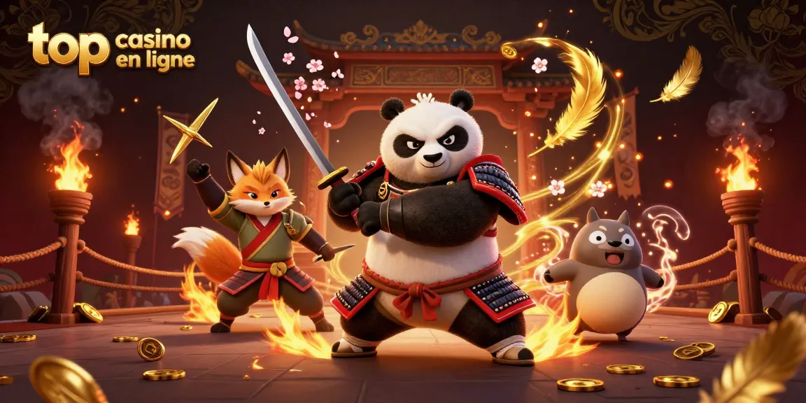 Jouez dans le casino en ligne top avec un panda samouraï et un renard ninja, ambiance dynamique et festive.