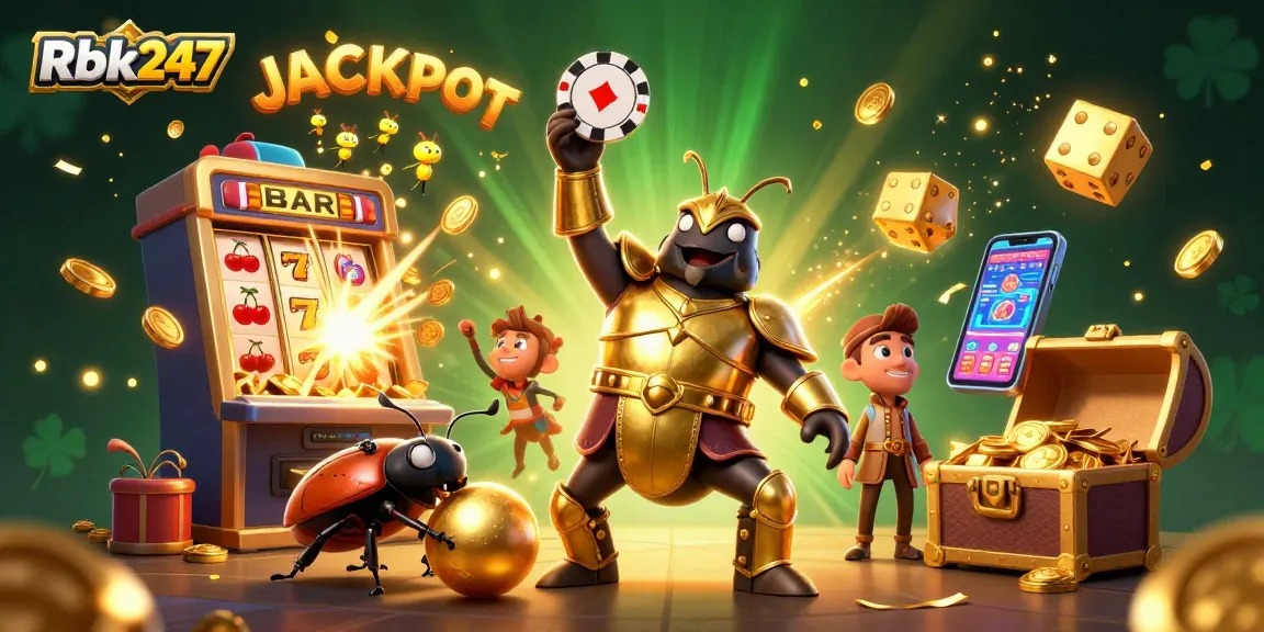 Join Rbk247’s epic casino adventure with joyous bugs celebrating a jackpot victory!
