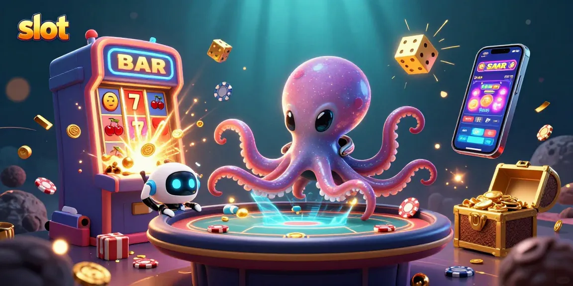 Menangkan slot jackpot di dunia fantastis dengan alien gurita dan robot, di dalam ilustrasi kasino yang megah.