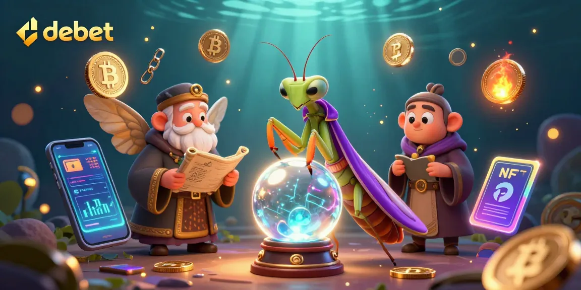 Experience debet gaming with cartoon fortune teller and crypto elements in vibrant illustration.