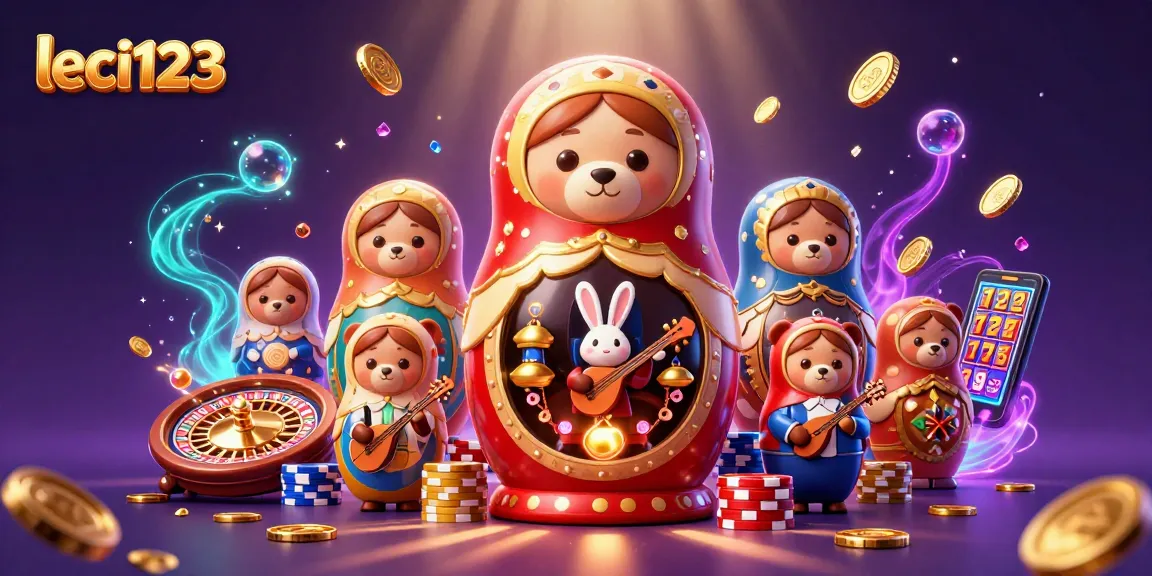 Play and win with leci123 at a vibrant casino scene featuring joyful bears and coins.