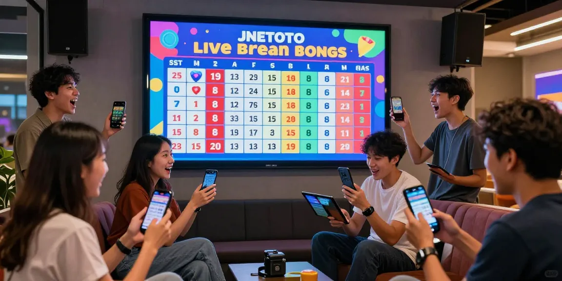 Excited participants tracking JNETOTO lottery results live on digital screens, vibrant atmosphere capturing real-time engagement.