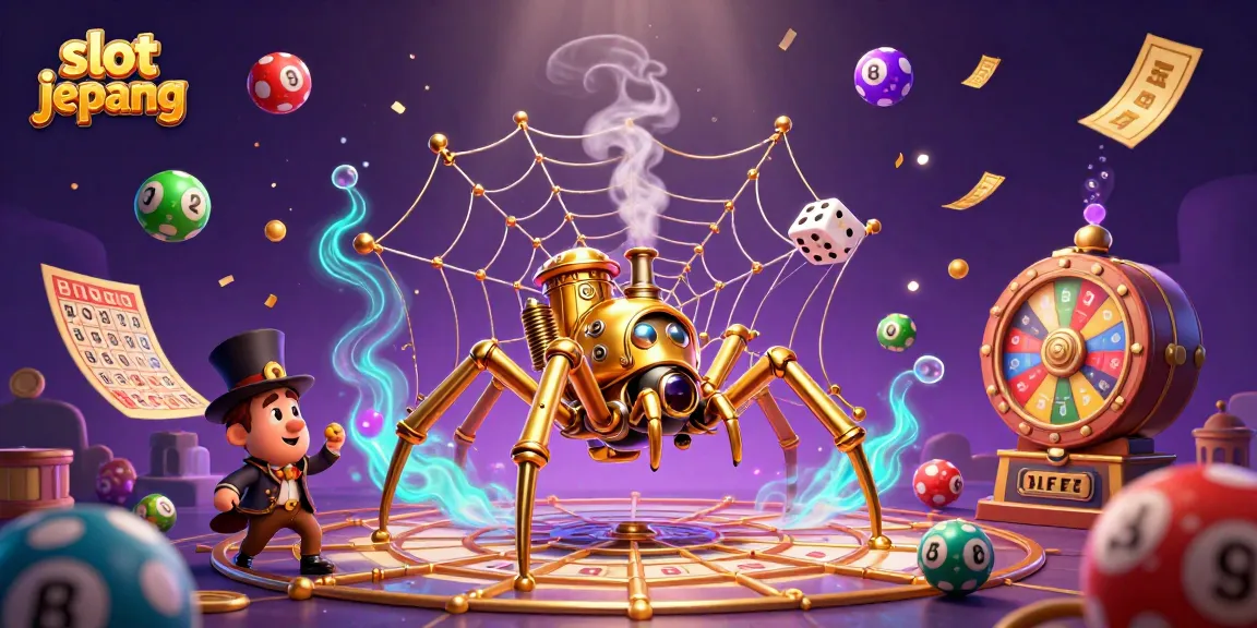 Experience slot jepang excitement with a 3D animated scene showcasing golden spider webs and lively casino elements.