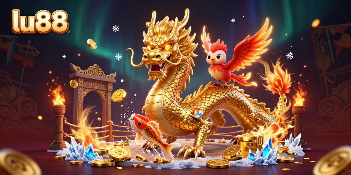 Experience the thrilling aura of lu88 with a dynamic scene showcasing a golden dragon and fiery phoenix amidst a bounty of coins.