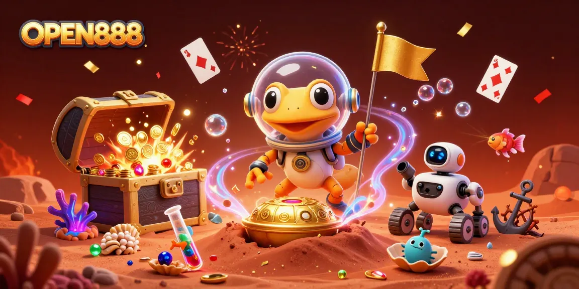 Exciting scene showcasing OPEN888 with a Martian gecko in a casino filled with treasures, enhancing gaming adventures.