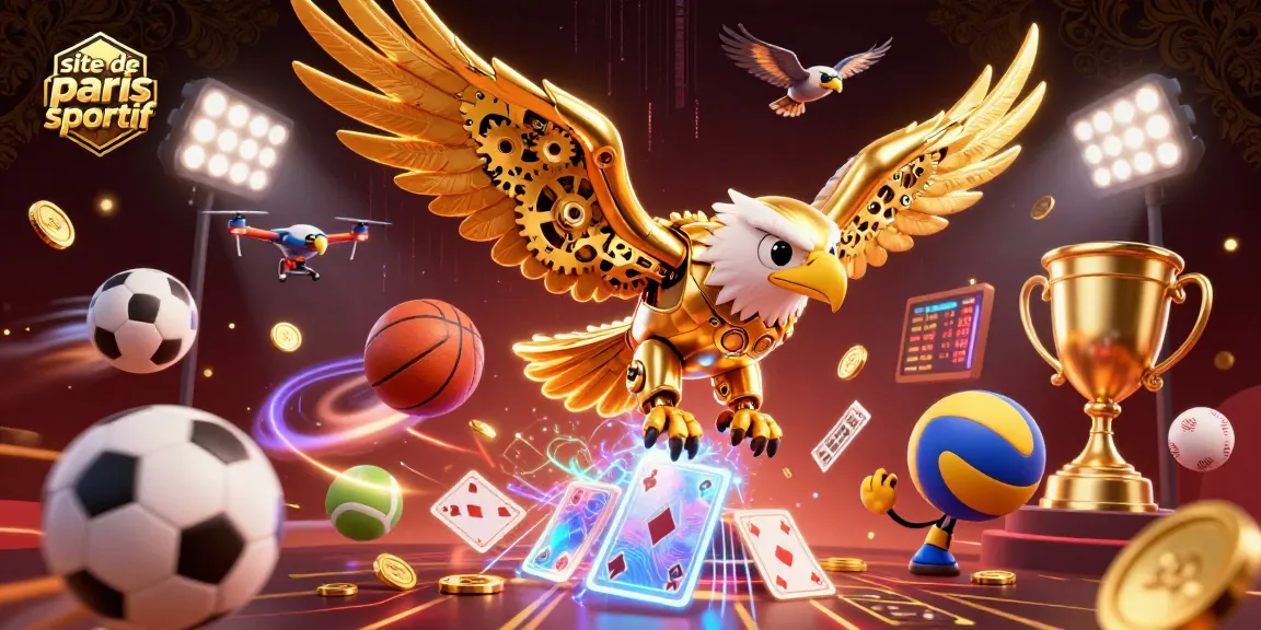 Pariez sur le site de paris sportif avec une vue dynamique d'un aigle cybernétique et des éléments sportifs.