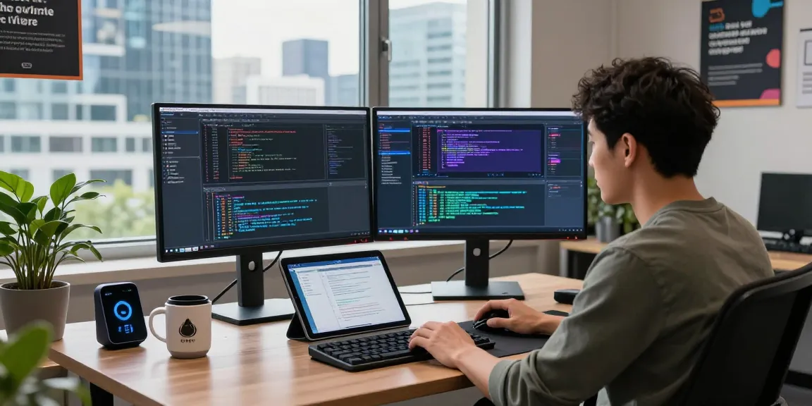A developer using NAGA2000 at a tech workspace with dynamic monitoring tools.