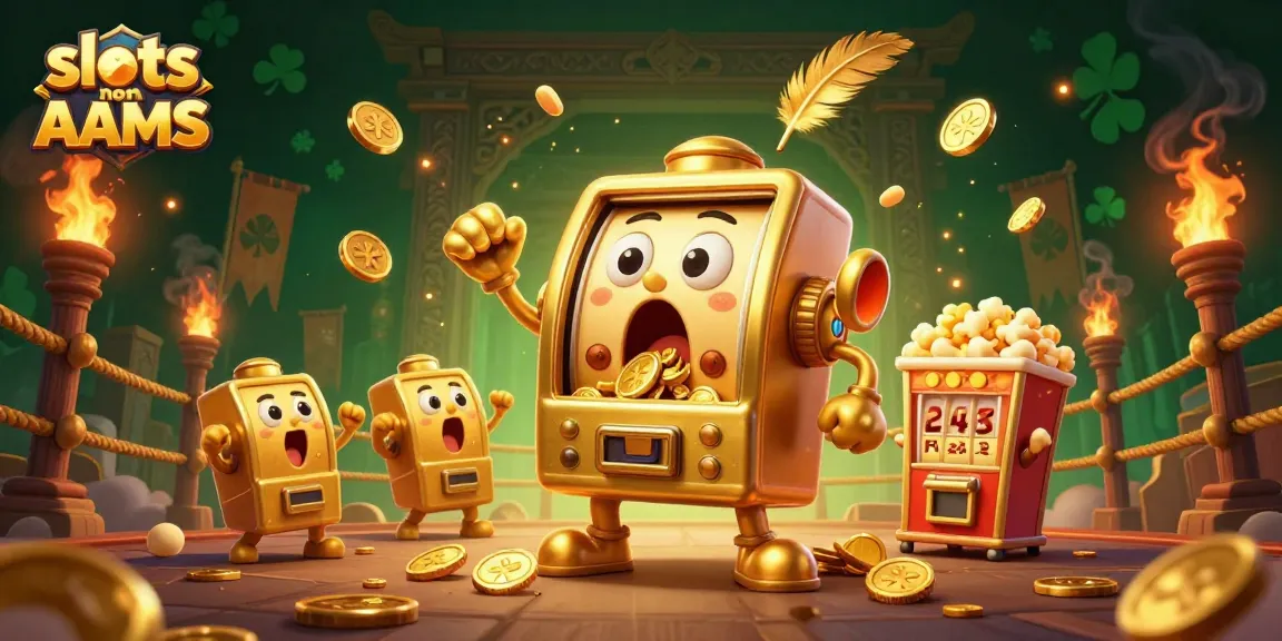 Gioca a slots non AAMS mentre una slot machine d'oro sorprende con una vincita, circondata da elementi festosi.