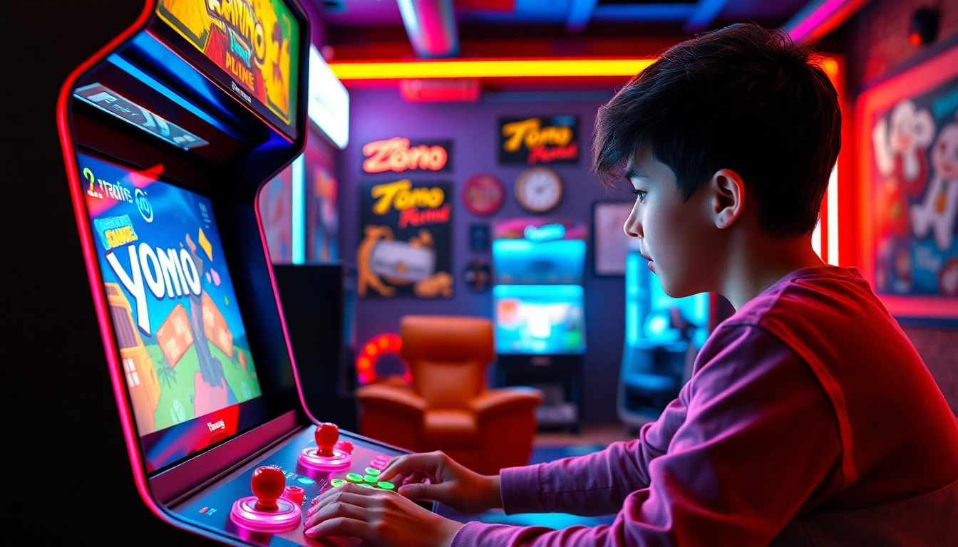Engaged player focused on a vibrant Yono game setup in a colorful arcade.