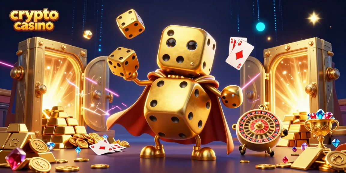 Casino crypto illustré avec des dés dorés et des pierres précieuses, représentant l'excitation des jeux.