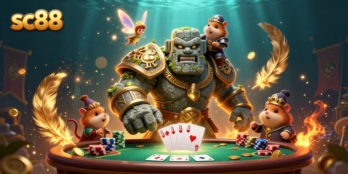 Experience poker excitement at sc88 with a vibrant scene of a golem, fairy, and hamster, showcasing a royal flush.