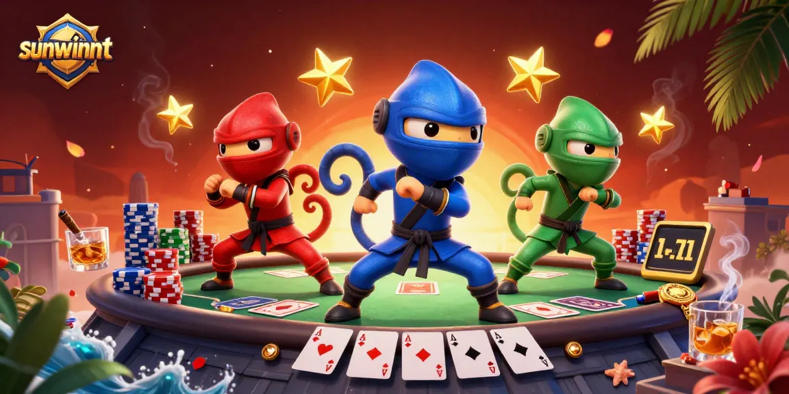 Engage with sunwinnt's vibrant 3D casino scene filled with colorful chameleons and poker elements.