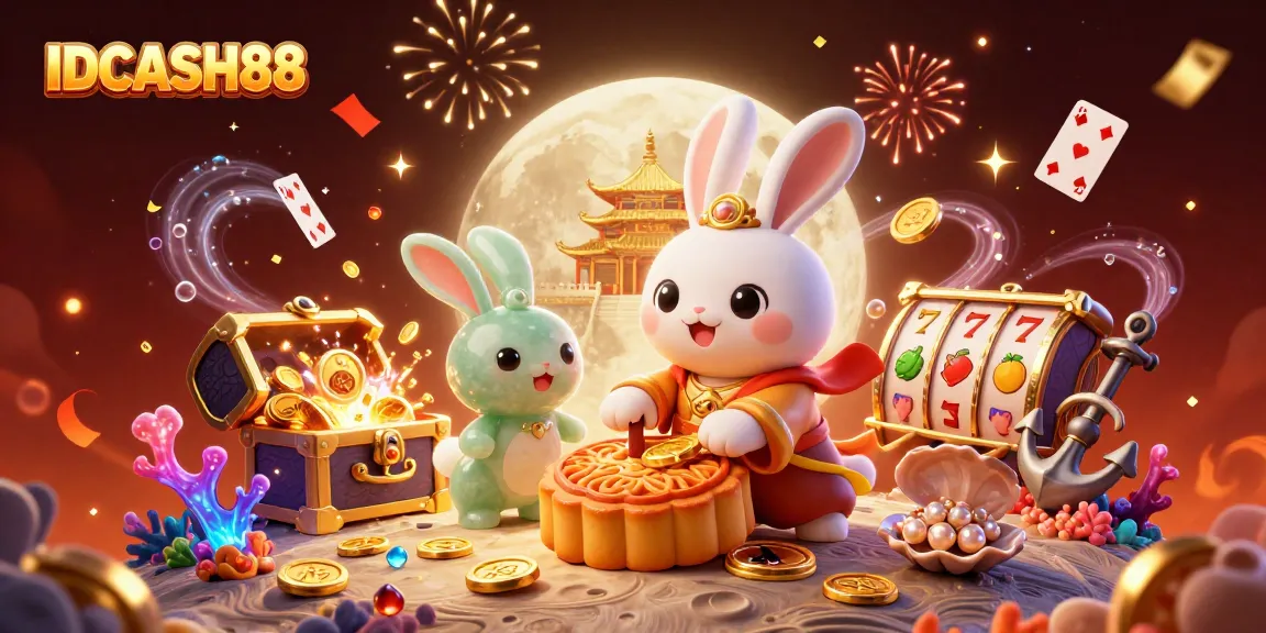 Engage with IDCASH88's thrilling slot games illustrated by a lunar rabbit amidst treasure and confetti.
