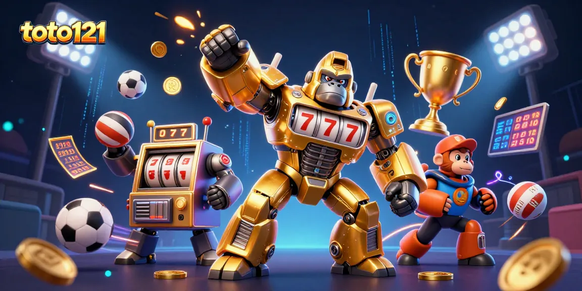 Menangkan permainan slot dengan toto121 dan gorila emas yang epik dalam ilustrasi 3D.