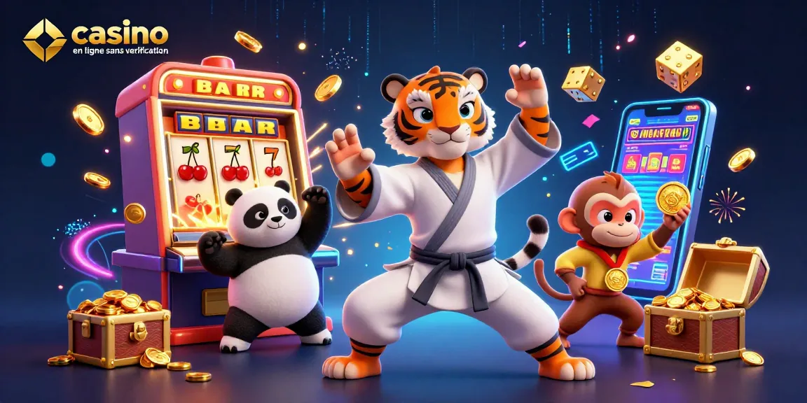 Jouez dans un casino en ligne sans vérification avec cette illustration animée montrant un tigre Kung Fu, un panda et un singe